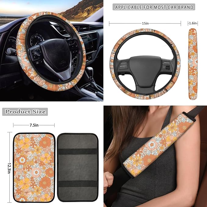Vintage Daisy Groovy Flower Auto Seat Cover for Women 12 Pcs Abstract Boho Blossom Car Steering Wheel Cover Coaster Seatbelt Pad Keychains Durable Universal Fit Automotive Interior Accessory