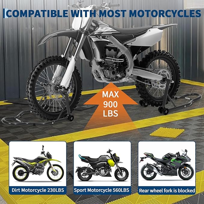 Garvee Motorcycle Stands Front and Rear, 900 LB Heavy Duty Front & Rear Wheel Lift Combo with Prong Adapters+L Adjustable Swingarm Spool, Universal Paddock Stands for Most Motorcycles, Black