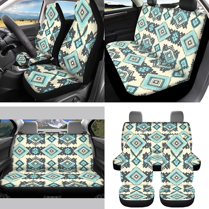 Aztec Style Print Car Seat Covers Set of 15 with Universal Steering Wheel Cover, Rearview Mirror Cover, Car Trash Can, Seatbelt Pads, Cup Holder Coasters, Keychains