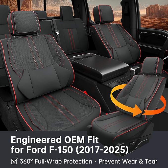 W&PMAX Front Seat Covers for Ford F-150 (2015–2025), Custom-Fit Waterproof Leather, Durable Stitching & Comfortable Fit – 2 PCS, Black/Red Stitching