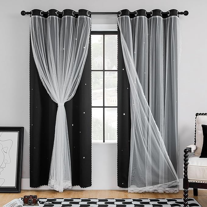 XiDi Black Curtains for Bedroom 63 Inches Long Hollow Star Curtains Blackout Modern Luxury Unicorn Decor for Kids Girls Room Black Out Drapes for Living Room 2 Panels 34x63