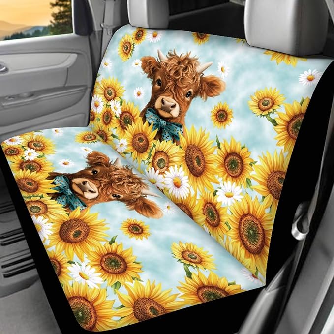 Highland Cow Car Seat Covers Full Sets 17 Pack Sunflower Car Accessories Set with Auto Front Rear Foot Carpet,Sunflower Seat Belt Shoulder Pad,Steering Wheel Covers,Cup Mats,Universal Fit