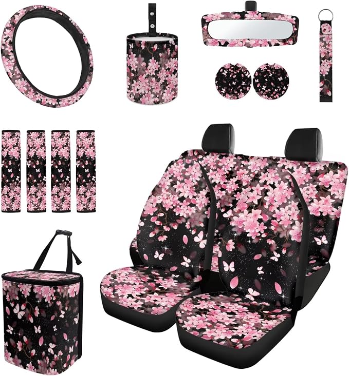 15 Pcs Cherry Blossoms Car Seat Cover Full Set for Women with Car Steering Wheel Cover Seat Belt Cover Trash Bin Front Rear View Mirror Car Cup Holder Keychain