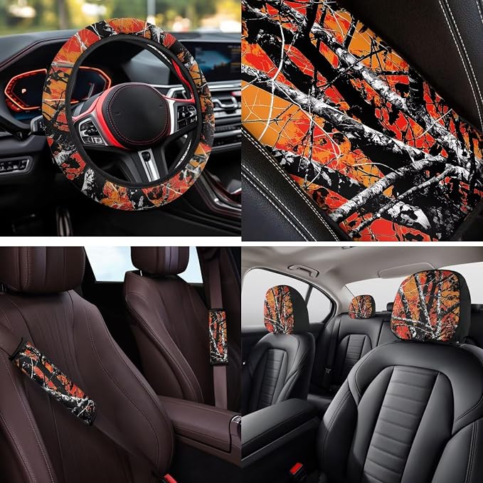 Bulopur Orange Hunting Camo Automotive Seat Covers Front and Backseat with Matching Steering Wheel Cover Auto Center Console Cover Car Seatbelt Pads Headrest Covers 14 Piece Vehicle Interior Set
