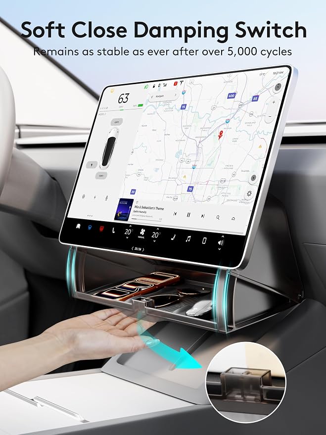 Under Screen Storage Box for Tesla Model Y and Model 3, Hidden Organizer Tray with Soft-Close Lid, Silicone Mats, Fits Juniper, Highland, and Earlier Versions