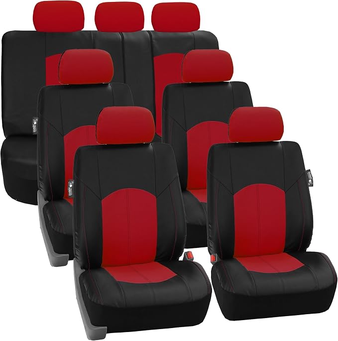 FH Group Perforated Leatherette Three Row Set 7 Seater Car Seat Covers, Airbag Compatible and Split Ready- Universal Fit for Cars, Trucks & SUVs Red