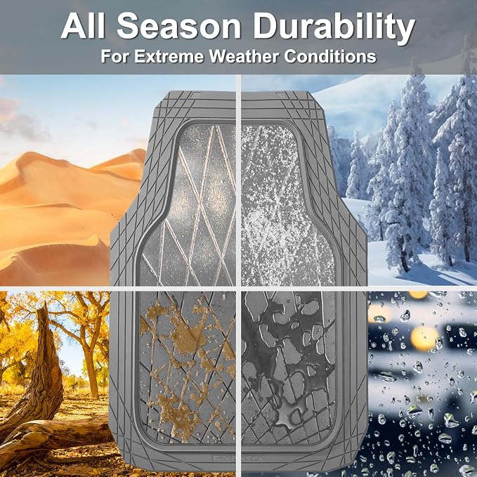 CAR PASS Piping Luxury PU Leather Two Front Car Seat Covers and 3 Pieces Heavy Duty Rubber Deep Dish All Weather Car Floor Mats, Universal Fit for 95% Sedan SUV Van Truck, All Gray