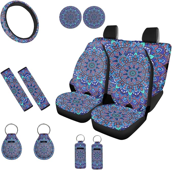 INSTANTARTS Boho Mandala Style Car Accessories Full Set of 13 Front Rear Seat Covers with Keychain Lipstick Holder Coasters Steering Wheel Cover Seat Belt Cover