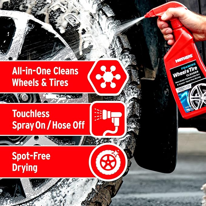 Mothers Foaming Wheel & Tire Cleaner, 24 oz. – Foaming Action Lifts Brake Dust & Grime, Safe for Factory-Coated Wheels, Restores, Cleans, Finishes Fast, Spot-Free Rinse (05924)