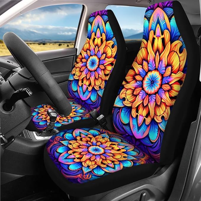 Mandala Lotus Car Seat Covers Full Sets 18 Pcs Universal Car Interior Accessories Set with Mandala Flower Print Car Headrest Covers Steering Wheel Cover Keychain Vehicle Trash Bag