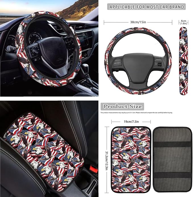 250 Years Full Set Car Seat Covers American Flag Eagle Print Car Front and Rear Seat Covers with Interior Decor Accessories for Truck Sedan SUV, Easy to Install
