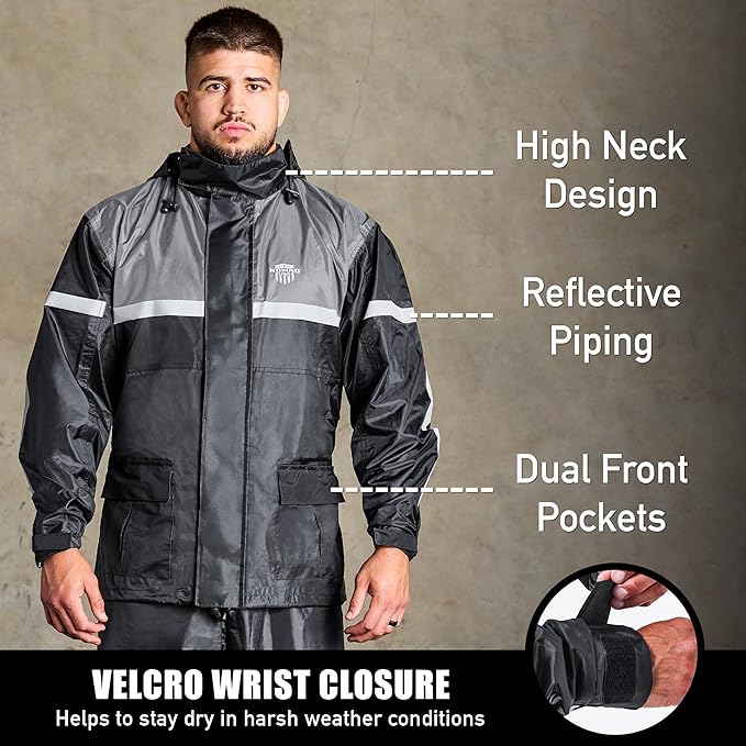 Waterproof Motorcycle Rain Suit, 2-Piece Reflective Gear, Lightweight Riding Jacket & Pants, Protective Raincoat with Hoodie