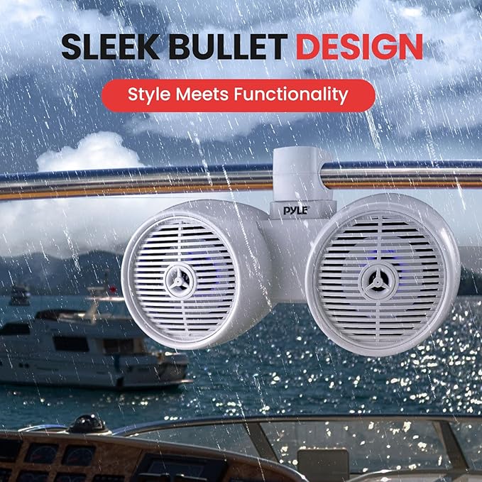 Pyle Dual Waterproof Off-Road Speakers - 6.5" 200W 2-Way Marine Wakeboard Tower Sound System w/LED Light, Full Range Outdoor Stereo Speaker for Car, ATV, UTV, Jeep, Boat, Includes Brackets (White)