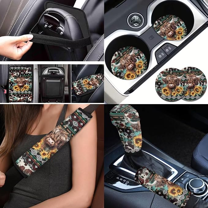 BIGCARJOB Highland Cow Print Seat Covers Full Set for Car Universal Auto Front Rear Seat Protector 12 Pcs Vintage Tribal Cow Print Steering Wheel Covers,Armrest Pads,Seat Belt Pads