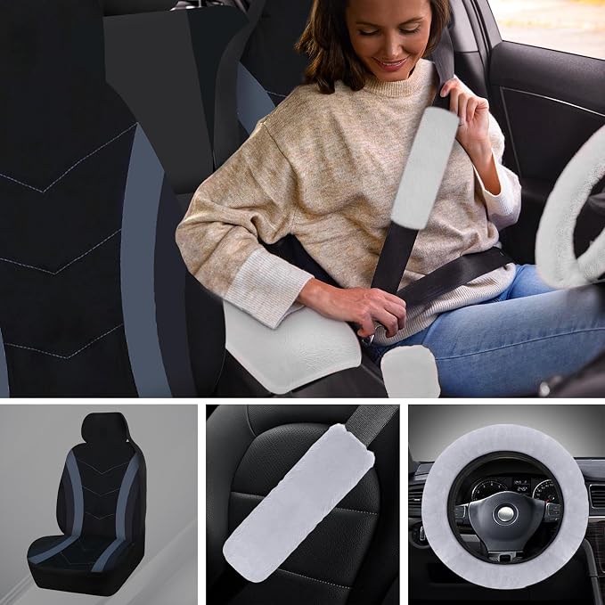 High Back Curved Car Seat Covers,Universal Car Seat Cover Full Set,Plush Steering Wheel Cover,Fit Sedans,Cars,Vans,SUV,Truck (Grey)