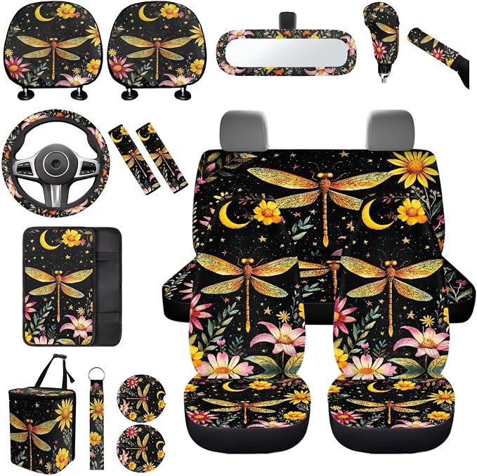 Dragonfly Car Seat Covers Full Sets 17 Pack for Women,Starry Sky Dragonfly Car Interior Accessories with Vehicle Trash Bag Starry Sky Auto Seat Head Rest Protector for Front Seat Rest Decor