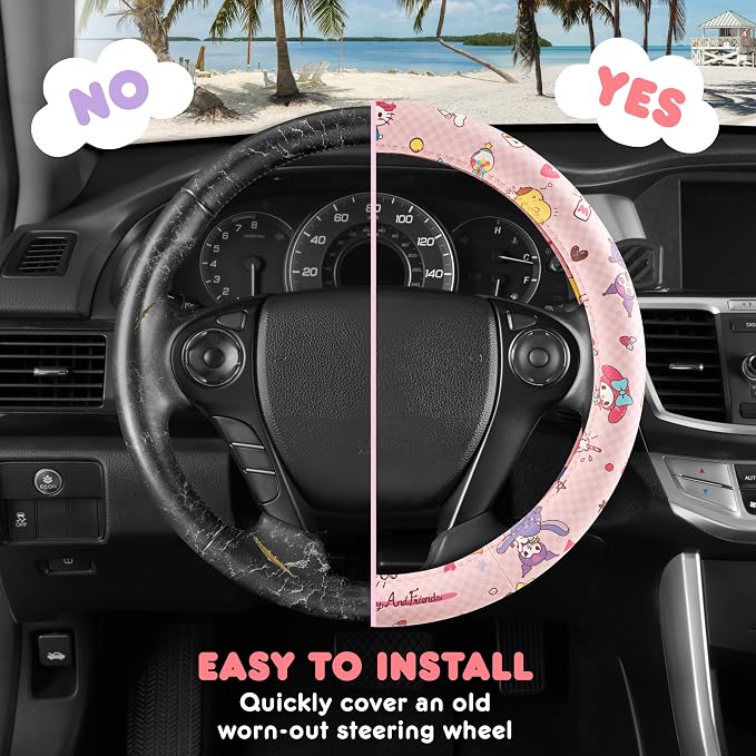 Hello Kitty and Friends Steering Wheel Cover, Universal Fit Cute Accessories for Women, Stylish Decor Gift Hello Accessories - Fits Standard Wheels 14.5"-15"