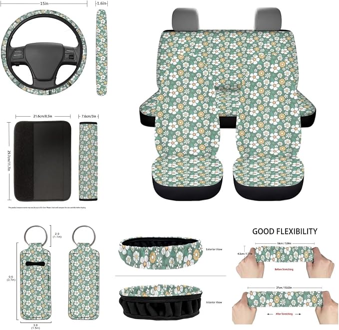 Vintage Groovy Flower Car Seat Covers Set for Women, 70S 80S Green Car Accessories Cute Steering Wheel Cover Coaster Mirror Cover Seatbelt Pad Gear Shift Pad Aesthetic Floral Car Seat Covers