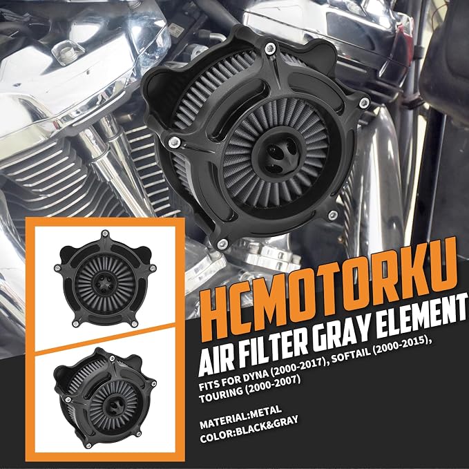 Air Cleaner Filter Aluminum Fit for Harley Touring Road King Street Glide Softail Sportster Dyna (Black Housing Grey Element, B For Touring 00-07,Softail 00-15,Dyna 00-17)