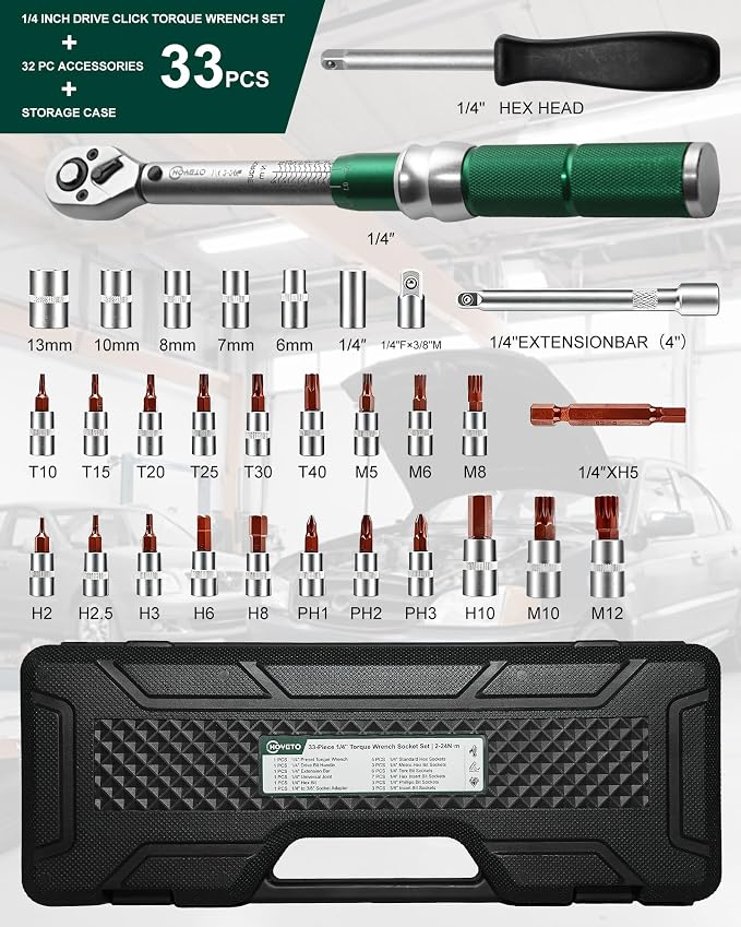 33Pcs Wrench Set - 1/4 Inch Drive Torque Wrench 2-24N.m (17.7-221IN.LB), Inch Pound Click Torque Tool Kit with Bit Sockets, 3/4 Adapter & 0.1 Nm Micro, Pro MTB Bicycle Repair Tool