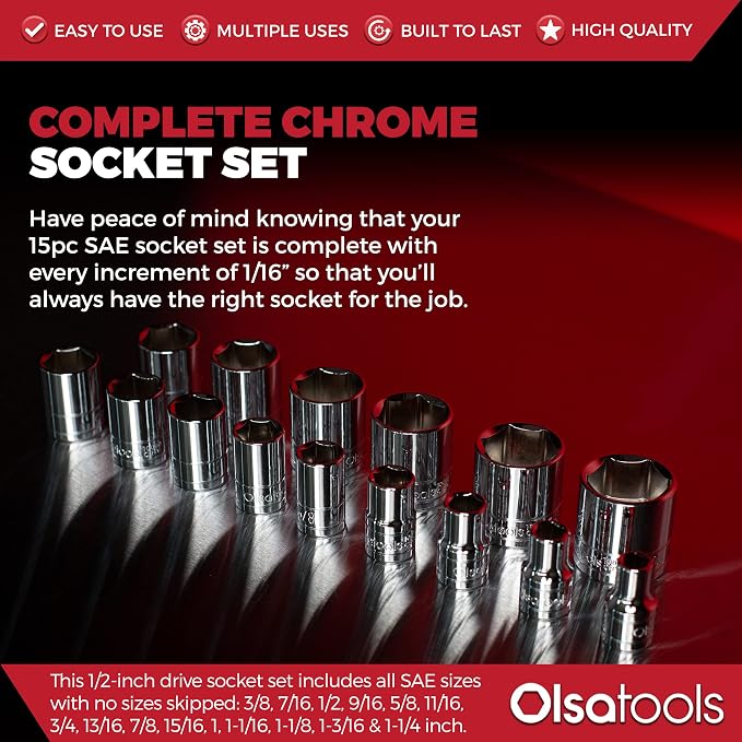 Olsa Tools SAE Shallow Socket Set - 1/2-Inch Drive, 18pc - 6-Point Chrome Sockets 3/8" to 1-1/4" and No Skipped Sizes - Mechanic Shallow SAE Socket Set - Professional Grade Sockets - Part: 1324