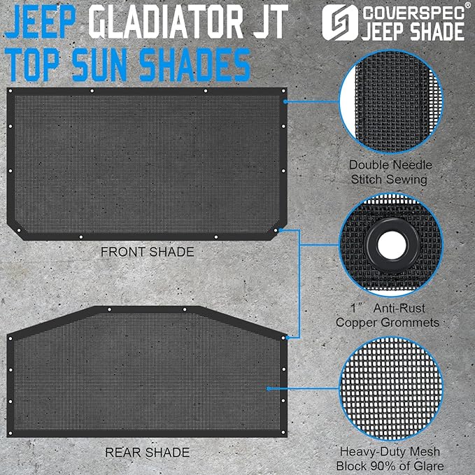 JT Top Sun Shade Roof Compatible with Jeep Gladiator 4 Door 2018 to 2023 Sunshade Sunroof Bikini Cover Blocks UV Wind Noise Black Mesh for Front and Rear 2 pcs