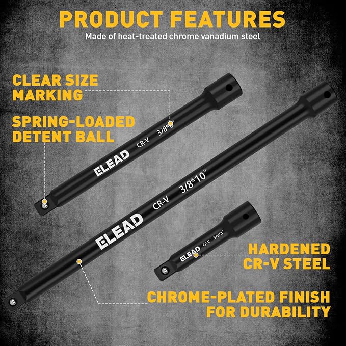 4-Piece 3/8" Drive Socket Extension Bar Set, 3, 6, 10 inch Professional Extension Set, 3/8 Inch Drive Universal Joint Socket, Premium Cr-V Steel Sockets Wrench Extender