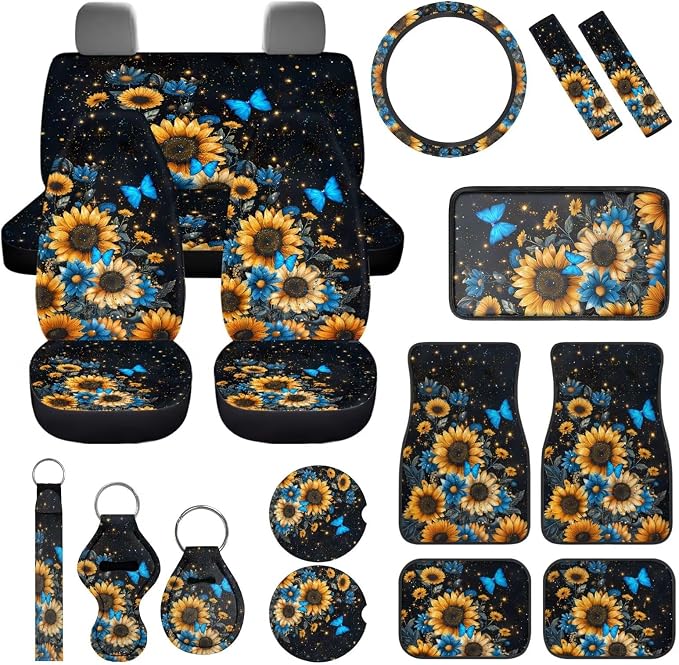 Butterfly Car Seat Covers Full Sets of 17Pack,Sunflower Car Accessories Sets with Seat Belt Shoulder Pad,Steering Wheel Car Covers,Cup Coasters,Butterfly Car Floor Mats Set of 4,Universal Fit