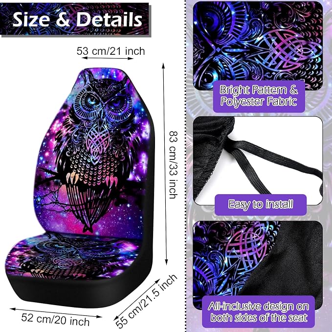 Riakrum 15 Pcs Purple Colorful Owl Car Seat Covers Full Set Space Cats Car Covers for Front Rear Seat Steering Wheel Wrist Strap Armrest Pad Shoulder Pads