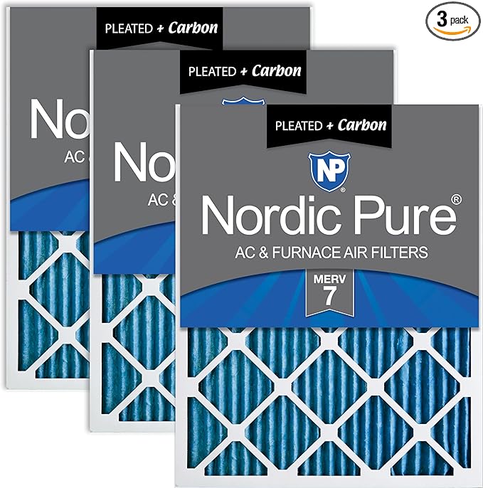 Nordic Pure 16x20x1 (Actual Size: 15 1/2 x 19 1/2 x 3/4) Pleated Air Filters MERV 7 Plus Carbon 3 Pack