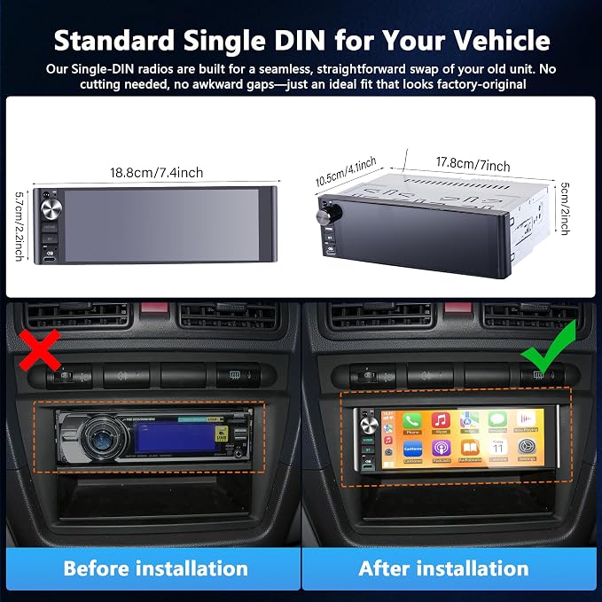 LSLYA Single Din Car Stereo with Wireless Apple CarPlay & Android Auto – 240W Output, 2 Subwoofer Ports, 4-Channel RCA, USB/Type-C, Bluetooth, SWC, Front & Backup Camera – Standard Single DIN Size