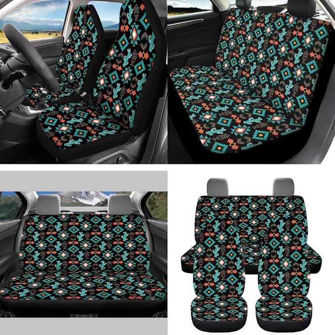Southwestern Aztec Cactus Car Accessories Car Seats Cover Protector, Steering Wheel Covers, Seatbelt Cover, Car Trash Can, Cup Coasters, Rearview Mirror Cover, Keychains, Pack of 15