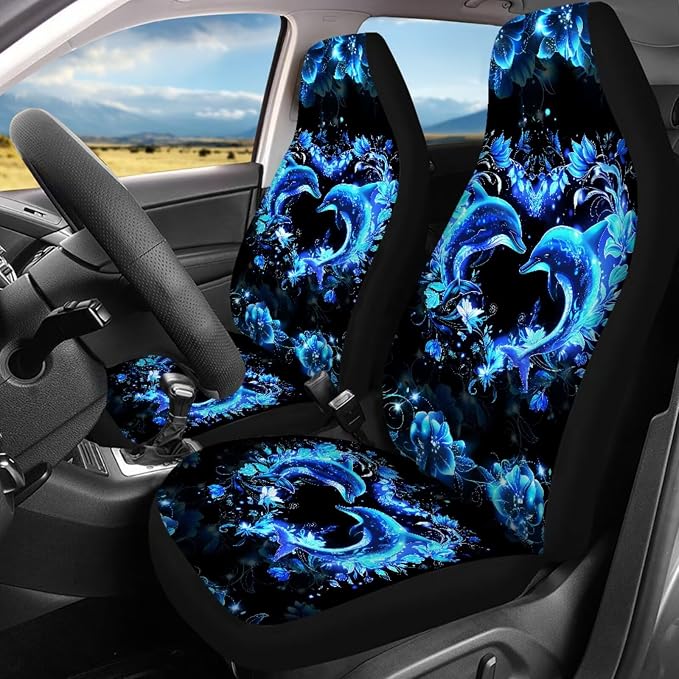Neon Dolphin Car Accessories Full Set of 17 Pack,Blue Dolphin Car Seat Covers Sets with Front and Rear Bench,Steering Wheel Cover,Seat Belt Shoulder Pad,Key Chain Universal Car Floor Mats Set
