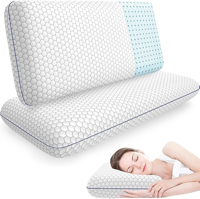 CushyOasis Memory Foam Pillows for Side, Back and Stomach Sleepers, Set of 2, Bed Pillow with Washable Cover and Breathable Mesh, Bed Pillow for Sleeping (Grey，King Size)