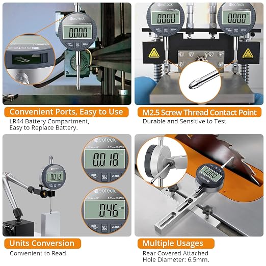 Neoteck DTI Electronic Digital Dial Indicator 1 inch/25.4 mm | Digital Probe Indicator Dial Test Gauge High Resolution: 0.0005 inch/0.01mm - Silver Gray