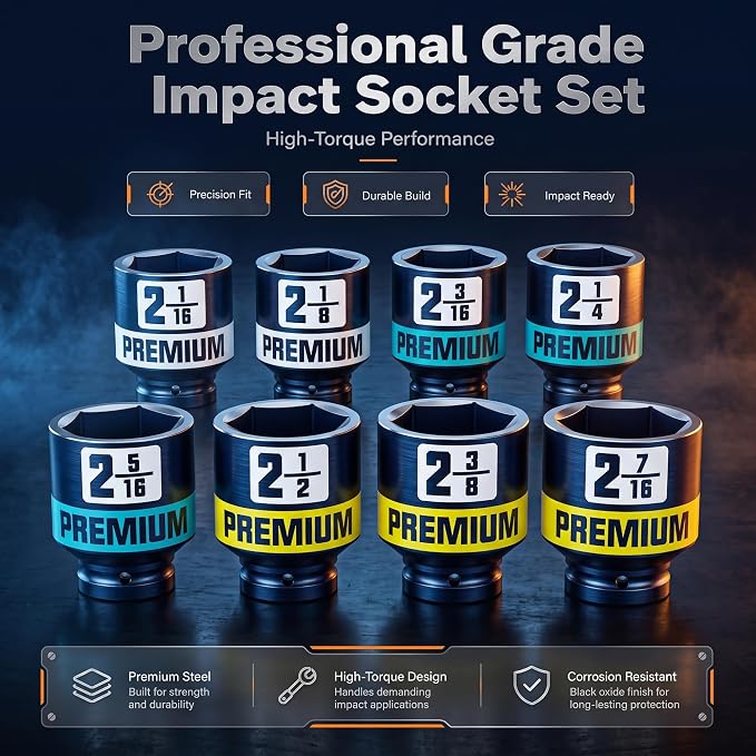 3/4” Drive Impact Socket Set, 2-1/16”-2-1/2” Axle Nut Sockets, 8pcs Shallow Jumbo Sockets, SAE, 6 Point, Cr-V, Repair Tools for Installing and Removing Stubborn Spindle Nuts and Bolts