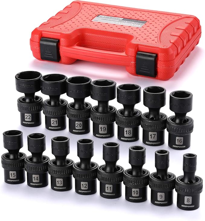 MIXPOWER 15-piece 3/8" Drive Shallow Universal Impact Socket Set, 6 Point, Metric, 8-22mm, CR-MO, Swivel Socket With Flexible Wobble…