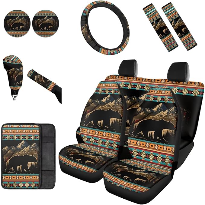 Dreaweet Mountain Bear Aztec Car Seat Covers Full Set 12 Pcs Southwestern Car Accessories Seat Covers with Steering Wheel Cover/Arm Rest Pads/Seat Belt Pads/Coasters/Gear Shift Cover/Handbrake Cover