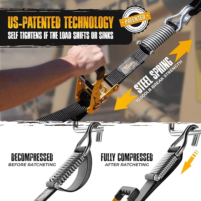TorkStrap Pro 25' x 2'' Self Tensioning Ratchet Straps (10,000LB Break Strength) - Adjusts to Load Shifts - Heavy Duty & Industrial Use - Integrated Soft Loops - Heavy UTV, Cargo, ATV, Trucks (1-Pack)