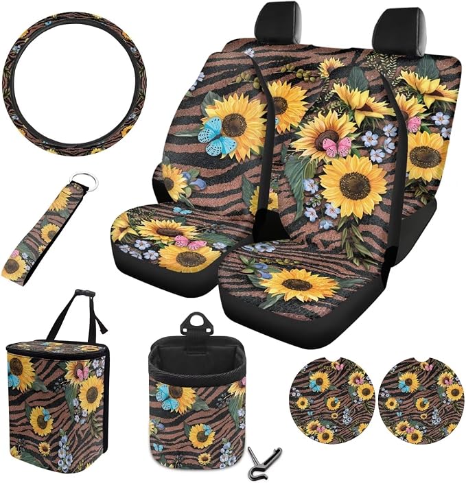 Sunflower Butterfly Stripe Print 10 Pcs Car Accessories, Car Front and Rear Seat Covers Full Set Steering Wheel Cover Air Vent Pounch Box Car Rubbish Bin Cup Coasters Keychain for Women Men