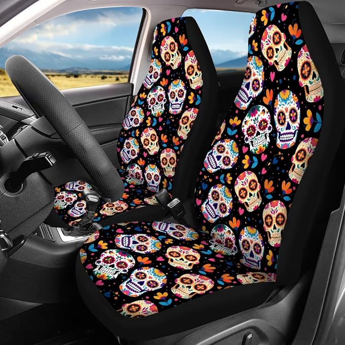 Skull Floral Car Seat Covers Full Set 17 Pack for Women Man Skull Print Car Accessories Set with Seat Belt Cover Pad,Steering Wheel Cover,Armrest Pad,Cup Coasters Car Floor Mats Set of 4