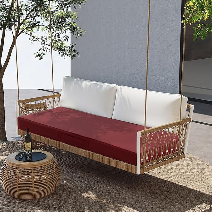 Outdoor Bench Cushion 4 inches Memory Foam Waterproof Patio Furniture Bench Cushion Porch Swing Cushion with Handle and Adjustable Strap, 48 x 18 Inch Burgundy