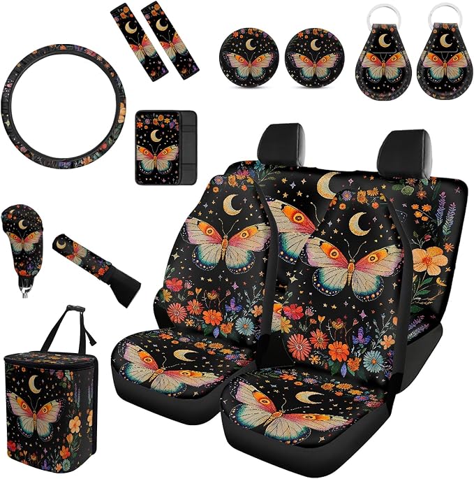 Forchrinse Butterfly Blossom Car Sea Cover for Women Moon Star Front Back Seat Coverswith Steering Wheel Cover/Armrest Seatbelt Cover/Keychain/Garbage Trash Can All Weather Fit