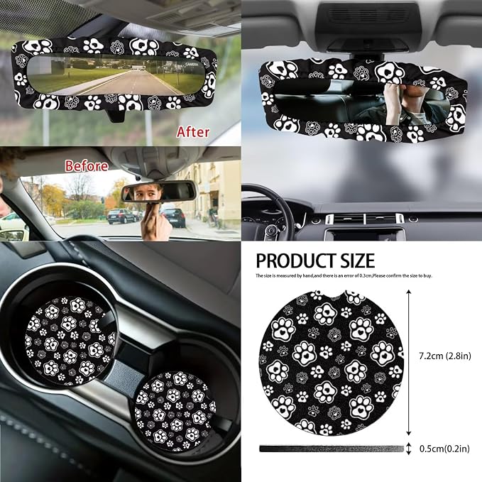 Dog Paw Print Car Seat Covers Front and Back Full Set with Steering Wheel Cover Armrest Cushion Safety Belt Pads Inside Rearview Mirror Cover Trash Bin, Universal Fits