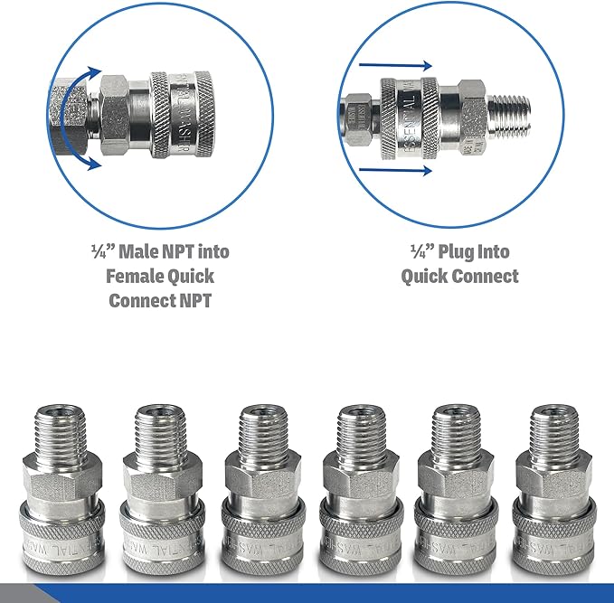Essential Washer Stainless Steel ¼” Quick Connect Male NPT | Pressure Washer Quick Connect Fittings | 5000 PSI | Set Of 6
