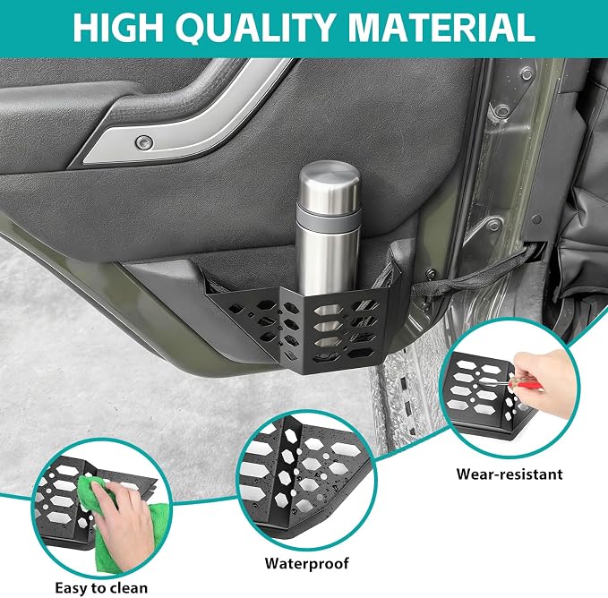 Rear Door Pocket Cup Holder Organizer Compatible with 2007-2018 Jeep Wangler JK JKU Rubicon Sahara Accessories, Metal Door Side Insert Storage Box Expansion Accessories Replace Sagging Net