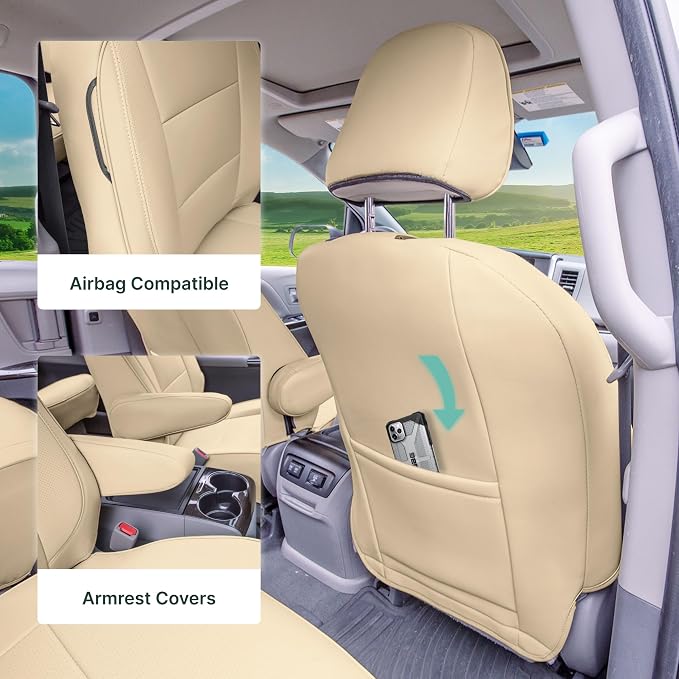 FH Group Custom Fit Car Seat Covers Specifically Made for 2011-2020 Toyota Sienna 7 Passenger, Car Seat Cover Front Set, Automotive Seat Covers in Solid Beige Faux Leather, Waterproof and Washable