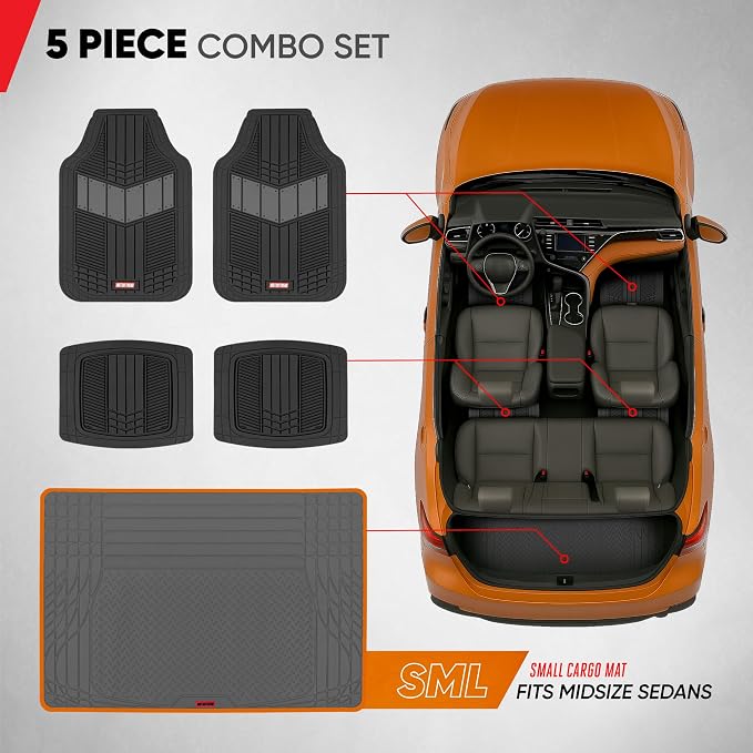 Motor Trend FlexTough Gray Floor Mats for Cars & Cargo Mat Full Set - All Weather Front & Rear Rubber Automotive Floor Mats & Cargo Liner for SUV, Car, & Van - Interior Trunk Mat & Floor Cover