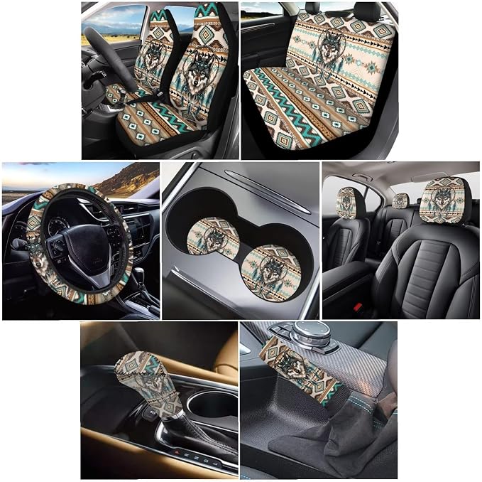 Wanyint Aztec Wolf Dream Catcher Car Seat Cover Split Covers Set for Women Men, 15 Inch Steering Wheel Cover, Headrest Cover Cup Coasters Handbrake Cover Gear Shift Cover Auto Accessories