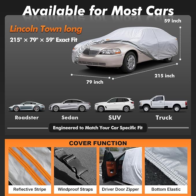 Car Cover Waterproof All-Weather,Heavy-Duty Outdoor Full Exterior Automobiles Snow Cover for Sedan(Length 219-230 inch),with Windshield Sun Shade,Anti-Scratch Cotton Lining & Zippered,Towel